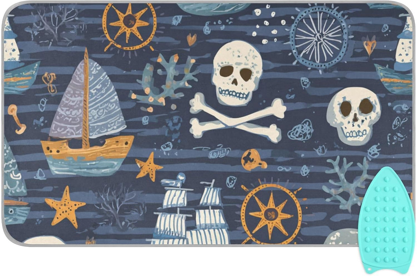 Ironing Mat Portable Ironing Pad Ironing Blanket for Table Top Heat Resistance Double-Side Using Travel Large 47.2 x 27.6 Inch Foldable Blue Pirate Skulls Sailboats Starfish and Compass