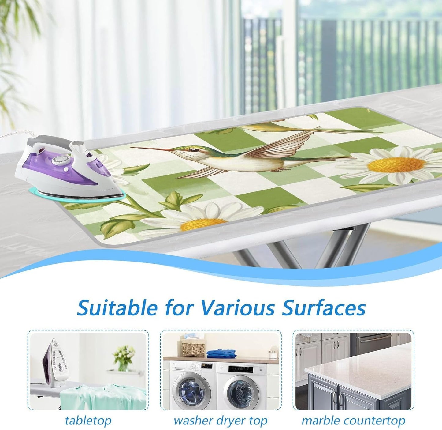 Ironing Mat Portable Ironing Pad Ironing Blanket for Table Top Heat Resistance Double-Side Using Travel Large 47.2 x 27.6 Inch Foldable Lightweight Checkered Green and White Hummingbirds