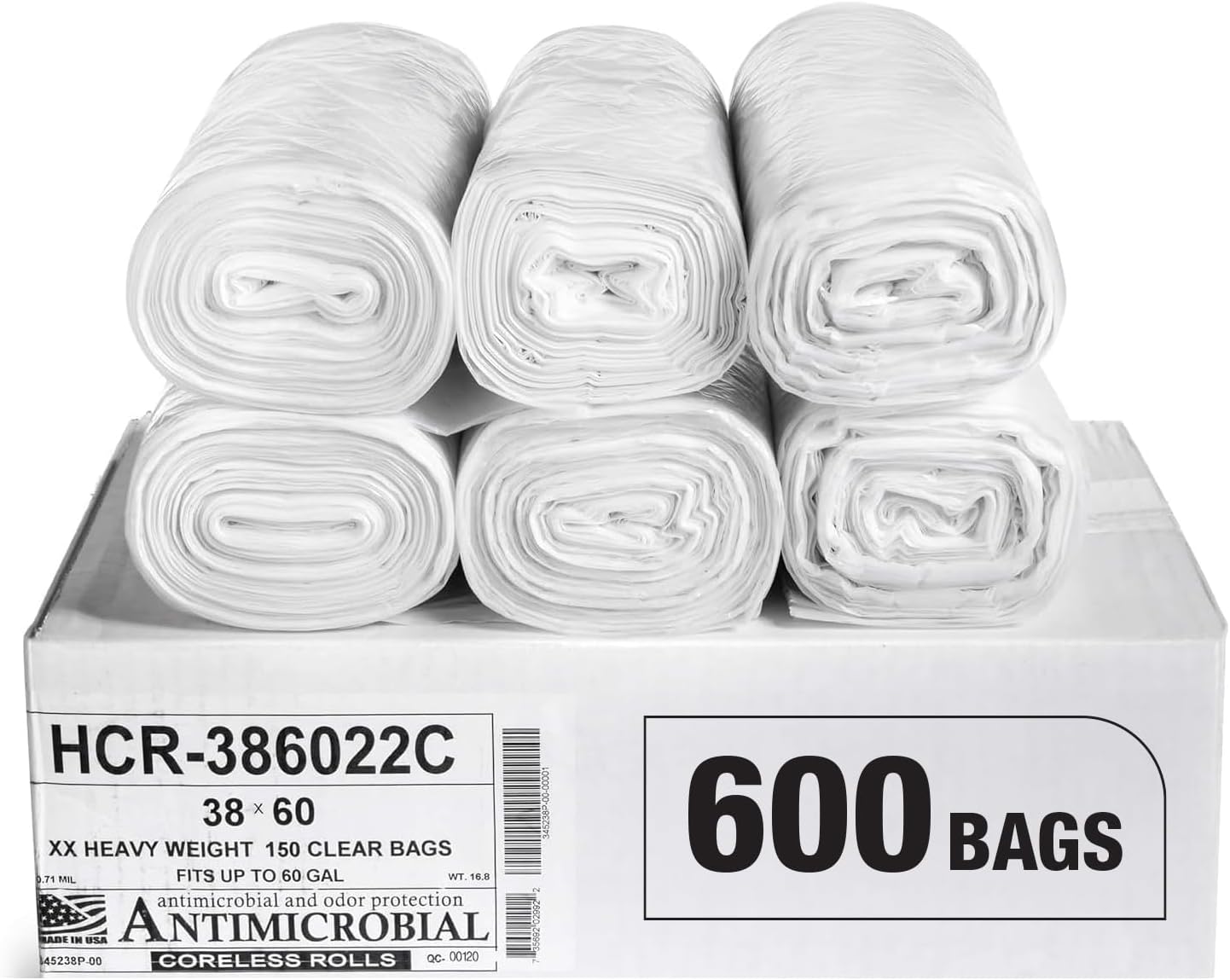 Aluf Plastics High Density Trash Bags, 60 Gallon, 600 Count, 22 Micron (eq), 38" x 60", Clear, for Bathroom, Office, Industrial, Commercial, Janitorial, Municipal, Recycling