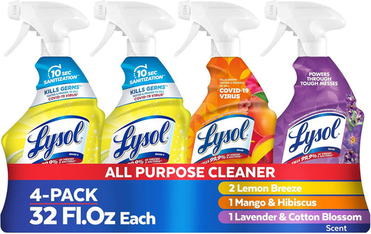 Lysol All Purpose Cleaner Spray, Multi-Purpose Disinfecting Spray, Kitchen & Bathroom Cleaner, Lemon Breeze, Lavender, Mango 32oz (Pack of 4)