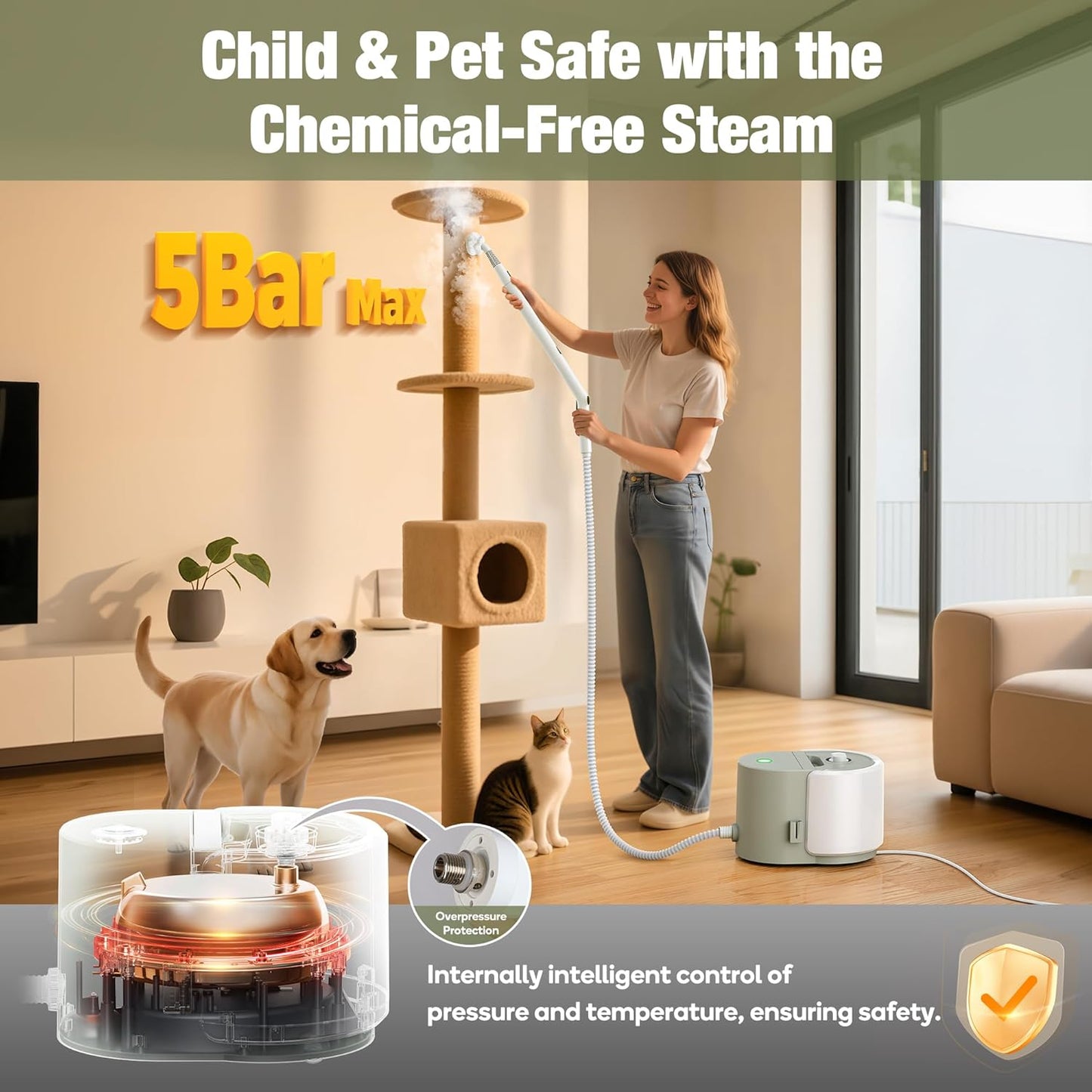 Newbealer Heavy-Duty Steam Cleaner for Home, Stainless Steel Boiler, Steam Mop with 20-Piece Accessories, Max 5 Bar, Multi-Purpose Steamer for Floors, Cars, Furniture, Tiles, and More