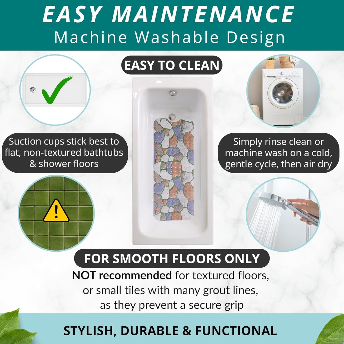 ENKOSI Bath Mat – Large 40 x 16 Inch Non-Slip Bathtub Mat with Secure Suction Cups & Drain Holes – Extra Long Bathroom Shower Mat for Tub with Stone Path Design (40x16 Stone Path)