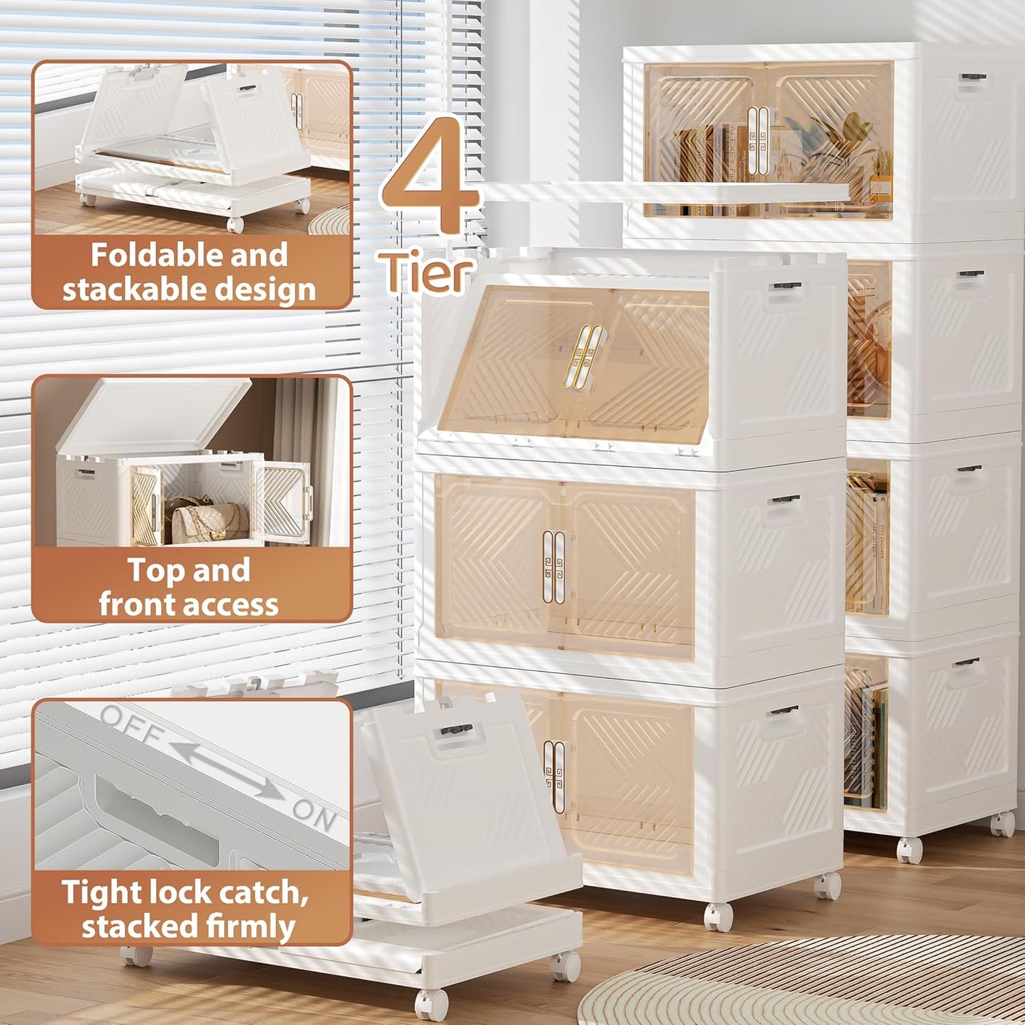 Storage Bins with Lid 48QT, Stackable Storage Containers with Wheels and Magnetic Doors, Plastic Clothes Closet Organizers and Storage Box for Pantry, Home and Office (4 Pack)