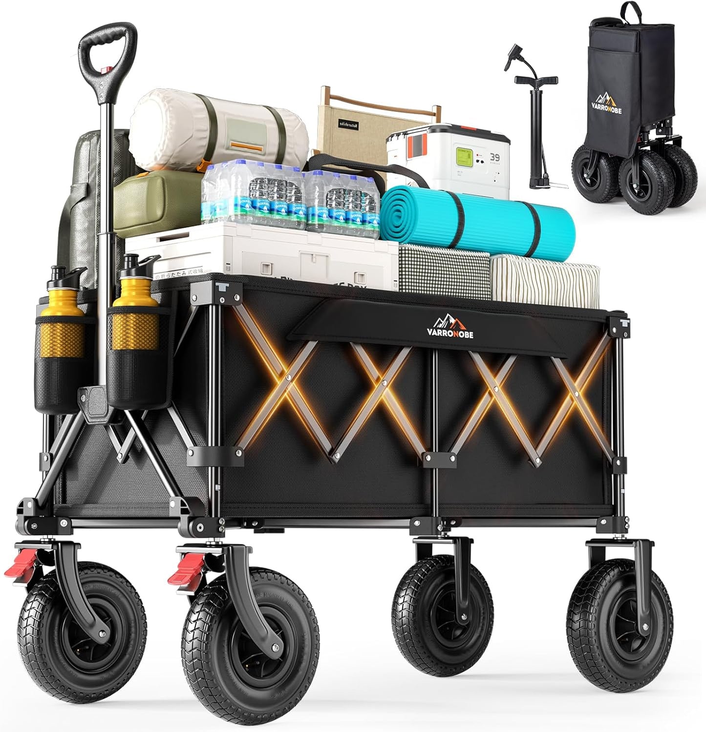 Beach Wagon with 9x3 Big Rubber Wheels for Sand, 350lbs Heavy Duty 200L Collapsible Utility Wagon, Easy Transport & Storage, Ideal for Sport, Camping, All-Terrain Outdoor Activities, Black