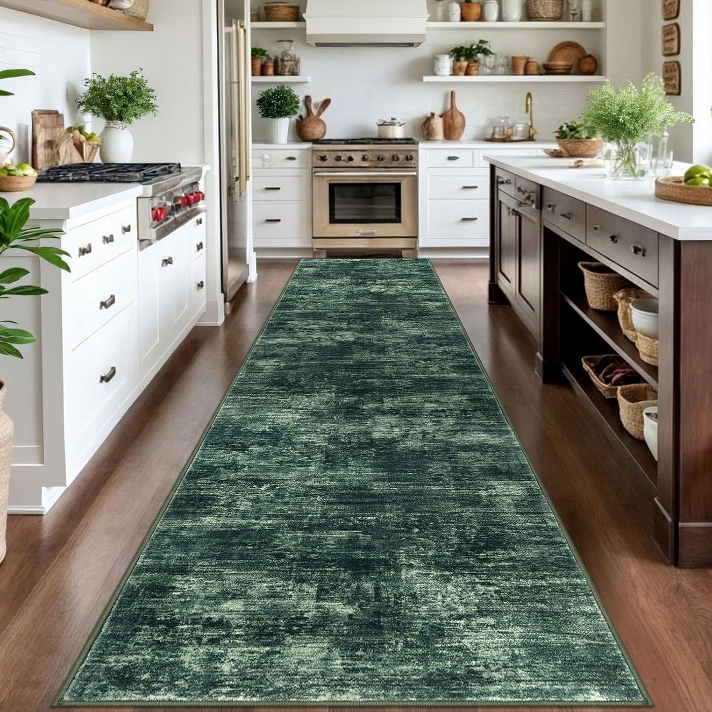 IOHOUZE Abstract Runner Rug 3x14 Ft Washable Runners for Hallways, Non Slip Kitchen Runner Printed Faux Wool Entryway Runner Indoor, Modern Abstract Floor Carpet for Hall Stair, Dark Green