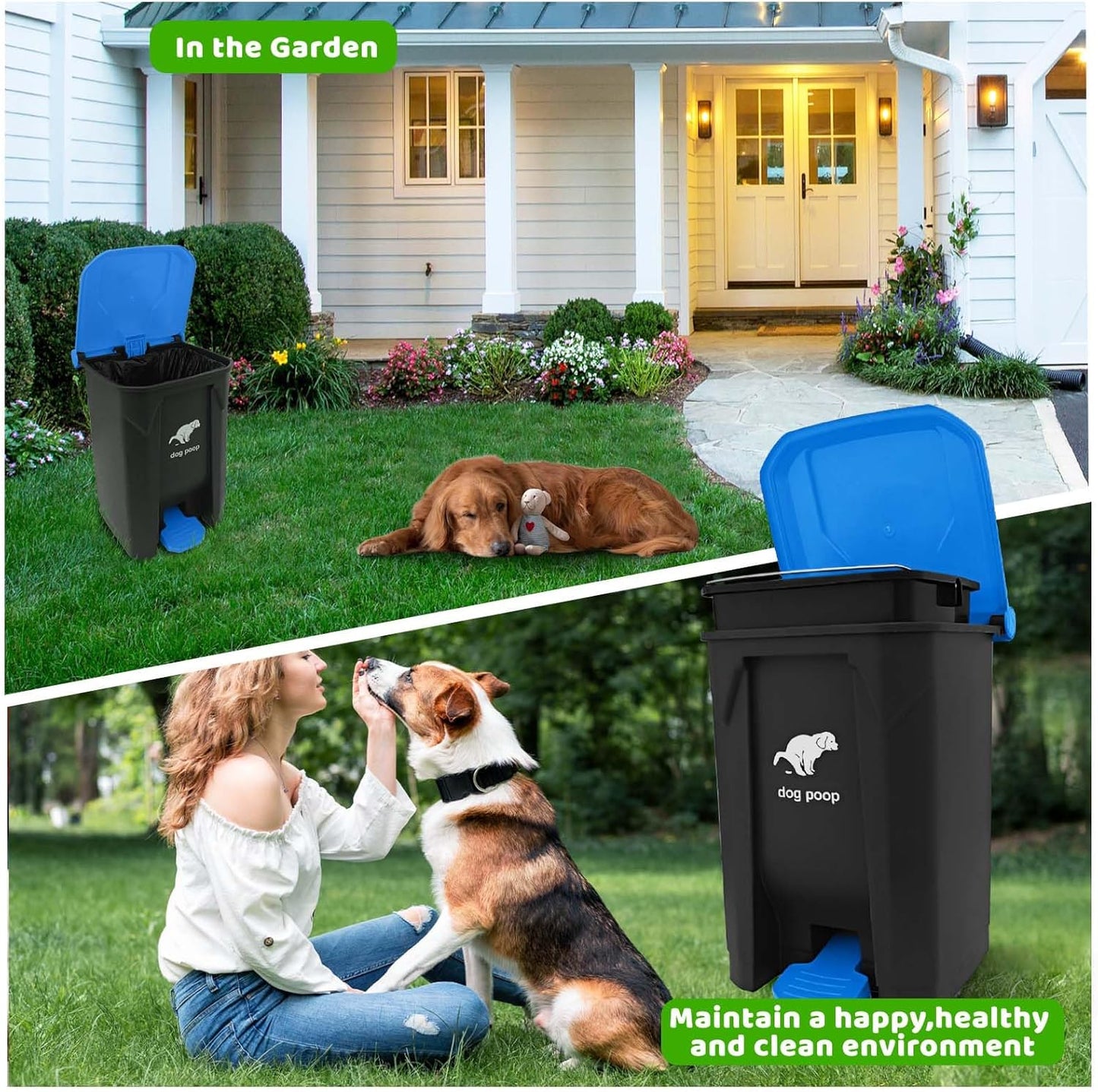 Dog Poop Trash Can Outside, 20L/5Gallon Dog Waste Trash Can with Lid, Pedal and Removable Inner Waste Bin, Pet Poop Bucket with 100 Bags, Blue