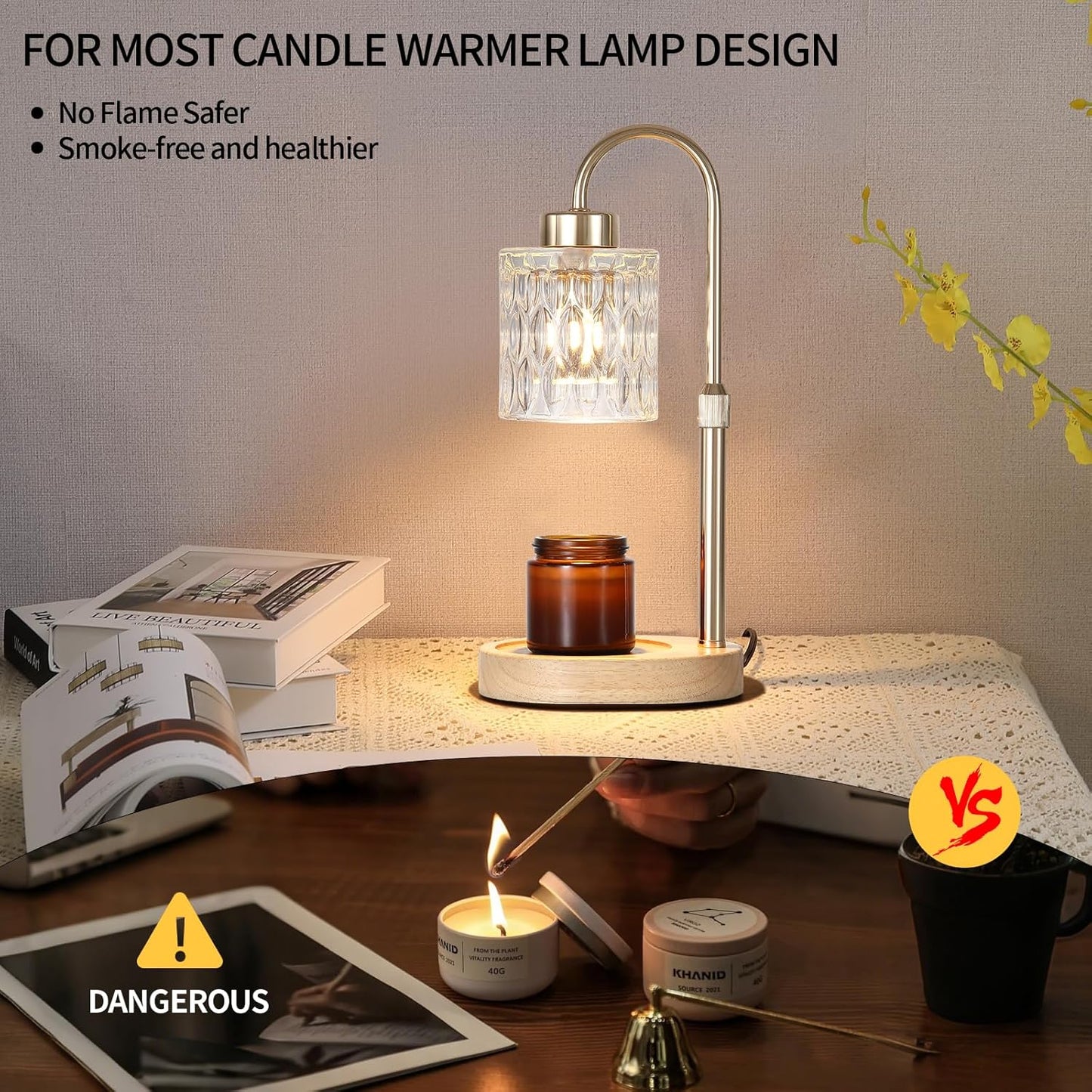 Gold Candle Warmer Lamp with Dimmer and Timer,Home Decor Lamp for Scented Jar,Electric Wax Melt Warmer,Mother's Day/Birthday/Christmas Gifts for Mom/Wife,Adjustable Height,with 2 Bulbs