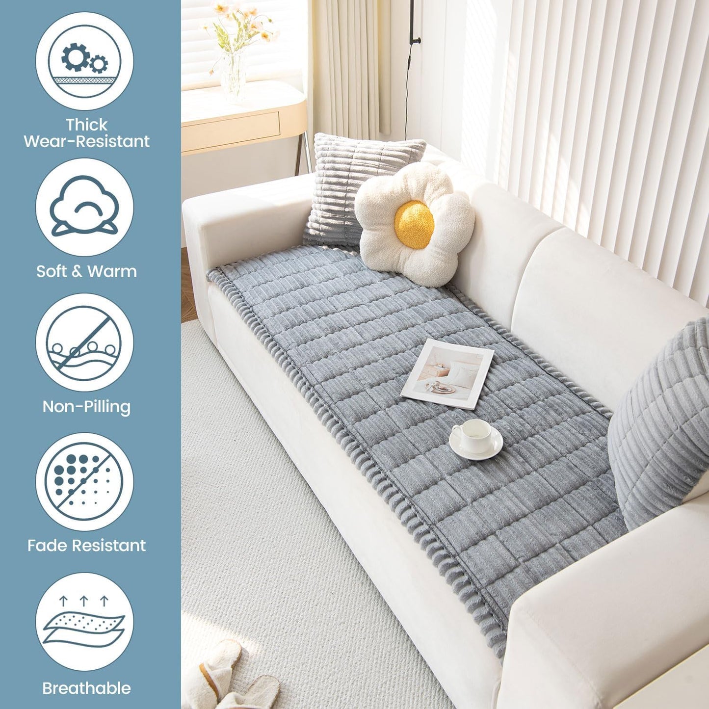 OTOB Dog Couch Covers for 3 Cushion Washable Non Slip Plush Pet Friendly Bed Mat Sofa Cover for Dogs, All Seasons Cozy Soft Fuzzy Furniture Protector Sofa Slipcovers (Gray, 27.6" x 59.1")