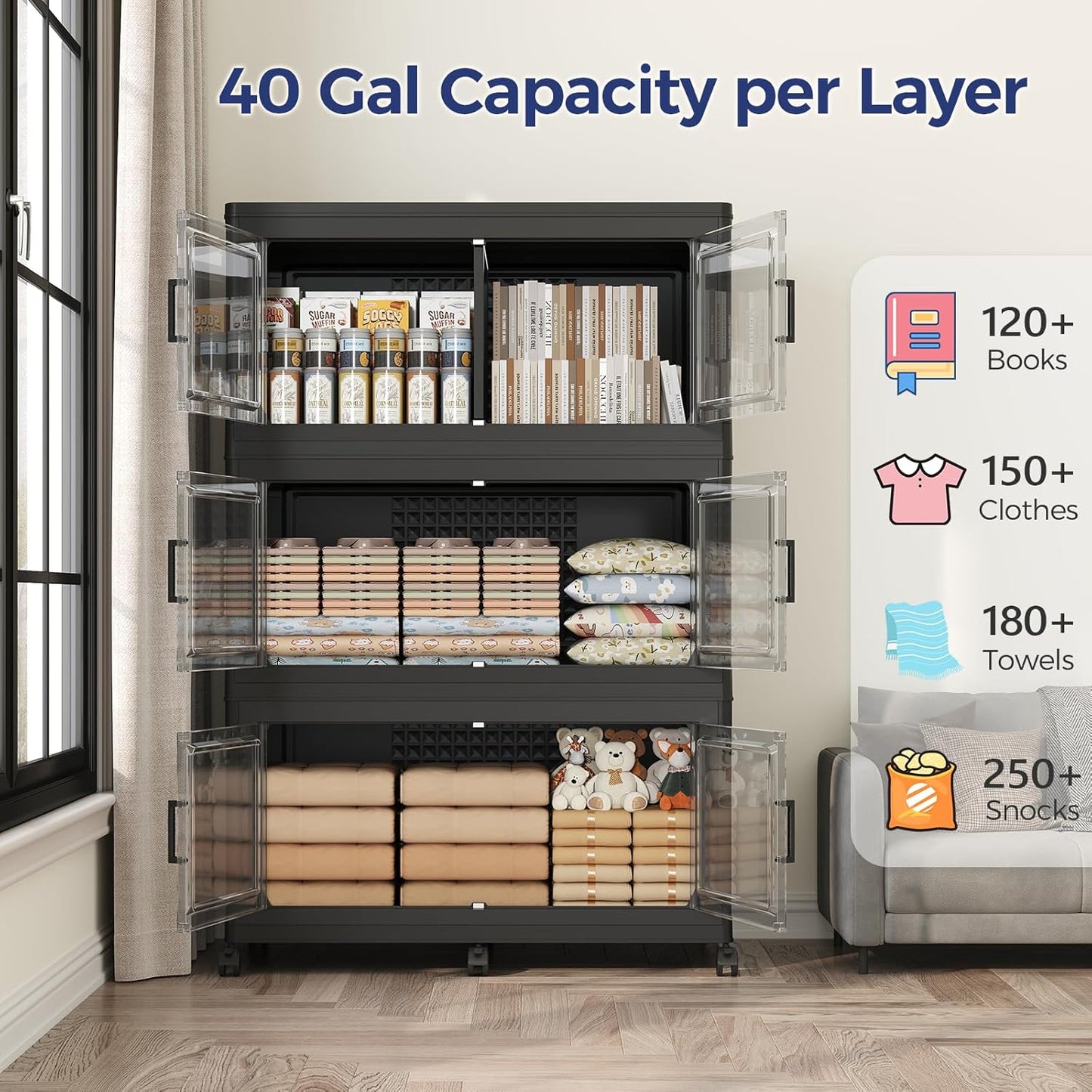 120GAL Storage Bins with Lid and Wheels, Stackable Closet Organizers and Storage Drawer, Collapsible Storage Box with Dividers, Foldable Plastic Cabinets Cubes Totes for Garage, 3 Pack Black