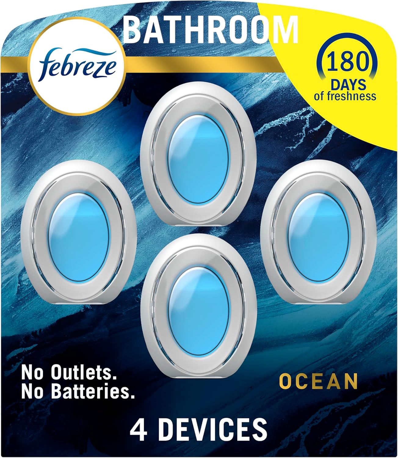 Febreze Bathroom Air Freshener, Odor-Fighting, Plug In Alternative, Air Fresheners for Home and Bathroom and Kitchen, Closet Air Fresheners, Ocean Scent, 4 Count - (Packaging May Vary)