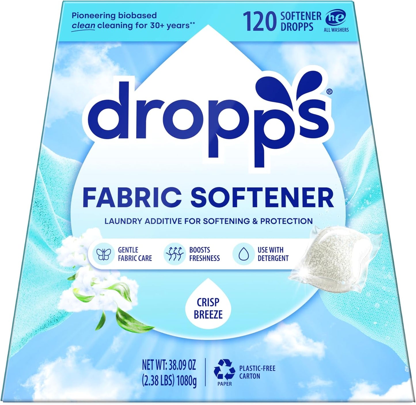 Dropps Laundry Fabric Softener Pods, Crisp Breeze (120 Count) - Fabric Softener Liquid Pods for Fluffy, Soft Fabrics - HE Compatible Mineral Based Ingredients Laundry Supplies