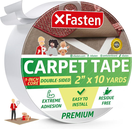 XFasten Double Sided Carpet Tape for Area Rugs, 2 Inch x 10 Yards 1-Inch Core – Heavy Duty Anti Slip Rug Grip Tape, Works as Rug Gripper, Wood Safe, Easy Removal for Hardwood and Laminate Floors