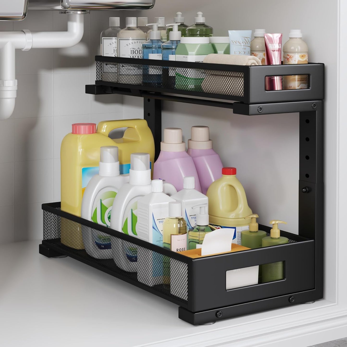 1 Pack 17IN Depth Under Sink Storage Organizer, Large 2-Tier Elegant Mesh Pull Out Shelf for Kitchen and Bathroom Cabinet Organization, L-Shaped and Adjustable Height Design-Black