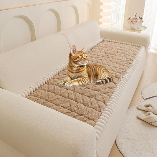 OTOB Plush Couch Cover for Dogs Washable, Non Slip Fuzzy Soft Armrest Backrest Sofa Slipcovers Geometric Jacquard Pet Friendly Couch Covers Protector All Season, 1 Piece (Coffee, 27.6"x27.6")