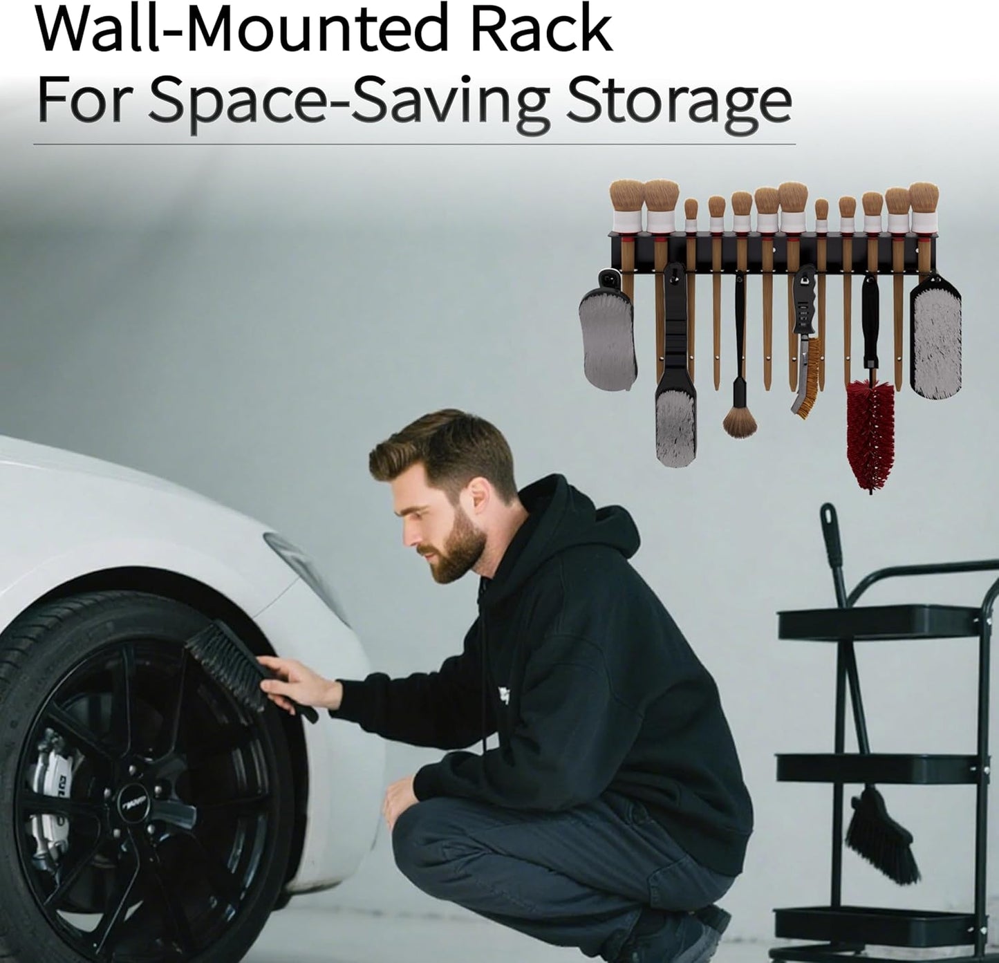 Wall Mount Brush Holder & Tool Hanger Rack for Garage, Detailing Organizer with Mounting Hardware - Holds 12 Brushes + Hooks for Towels & Tools
