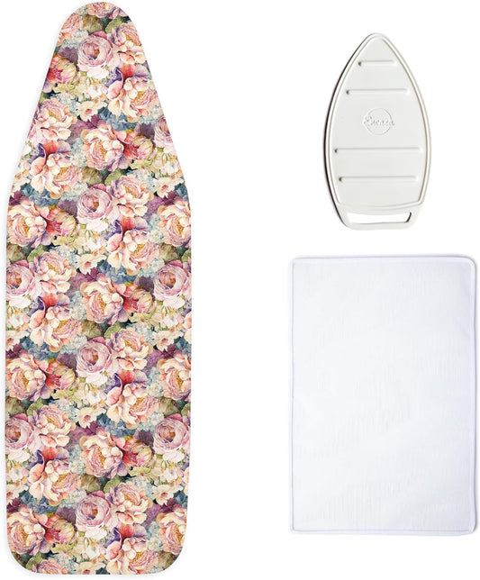 Encasa XO Ironing Board Cover and Pad 49"x18" - Free Silicone Iron Rest & Mesh Cloth - 4mm Felt, Wide Iron Board Cover with Padding - Heat Resistant, Non Slip Drawstring Wildflowers