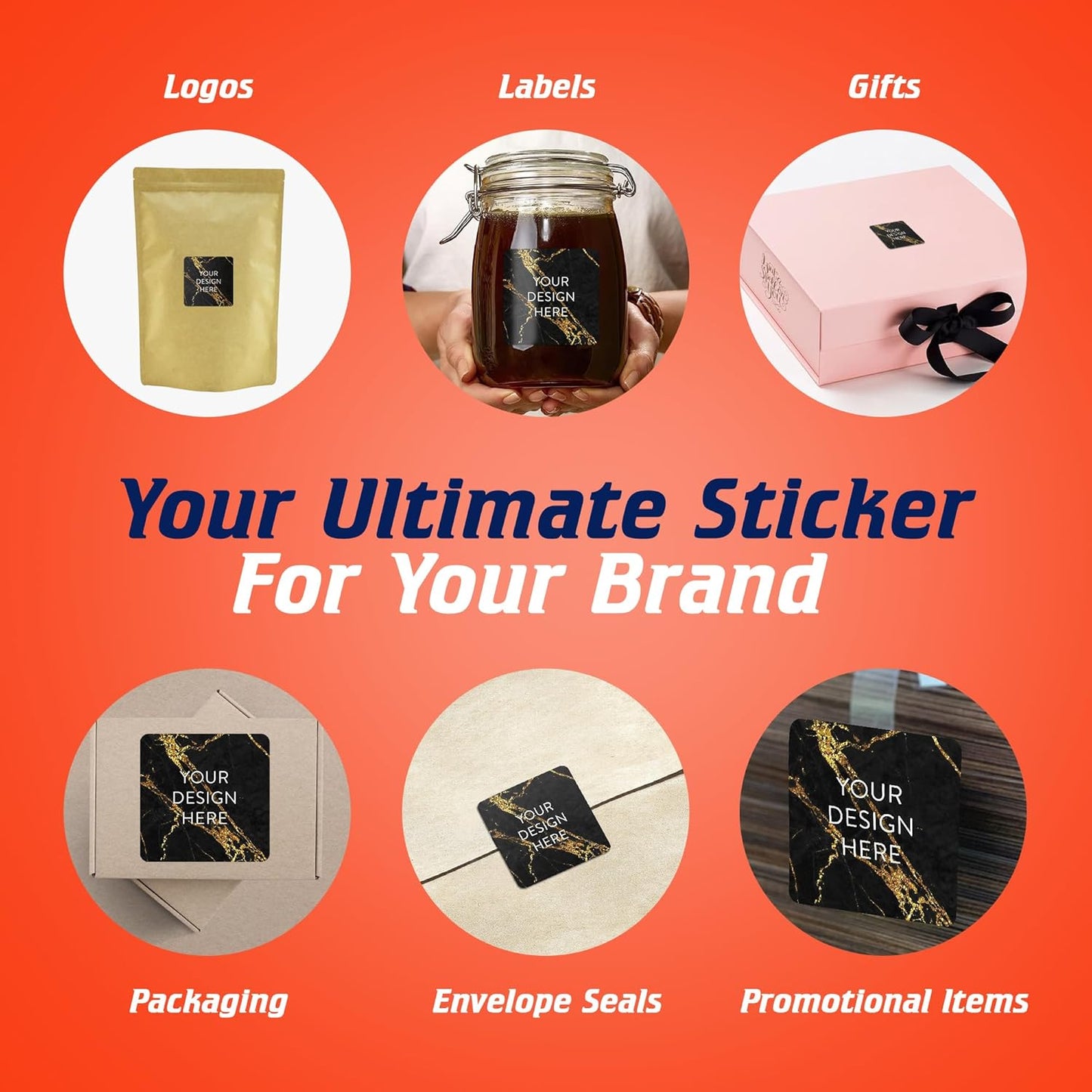 100 Custom Vinyl Stickers - Upload Your own Image, Text, Design, Logo - Personalized Logo Labels for Handmade, Packaging, Bottle, Jars, Candle, Brand Stickers (Black Gold Marble, 2x2 Square)