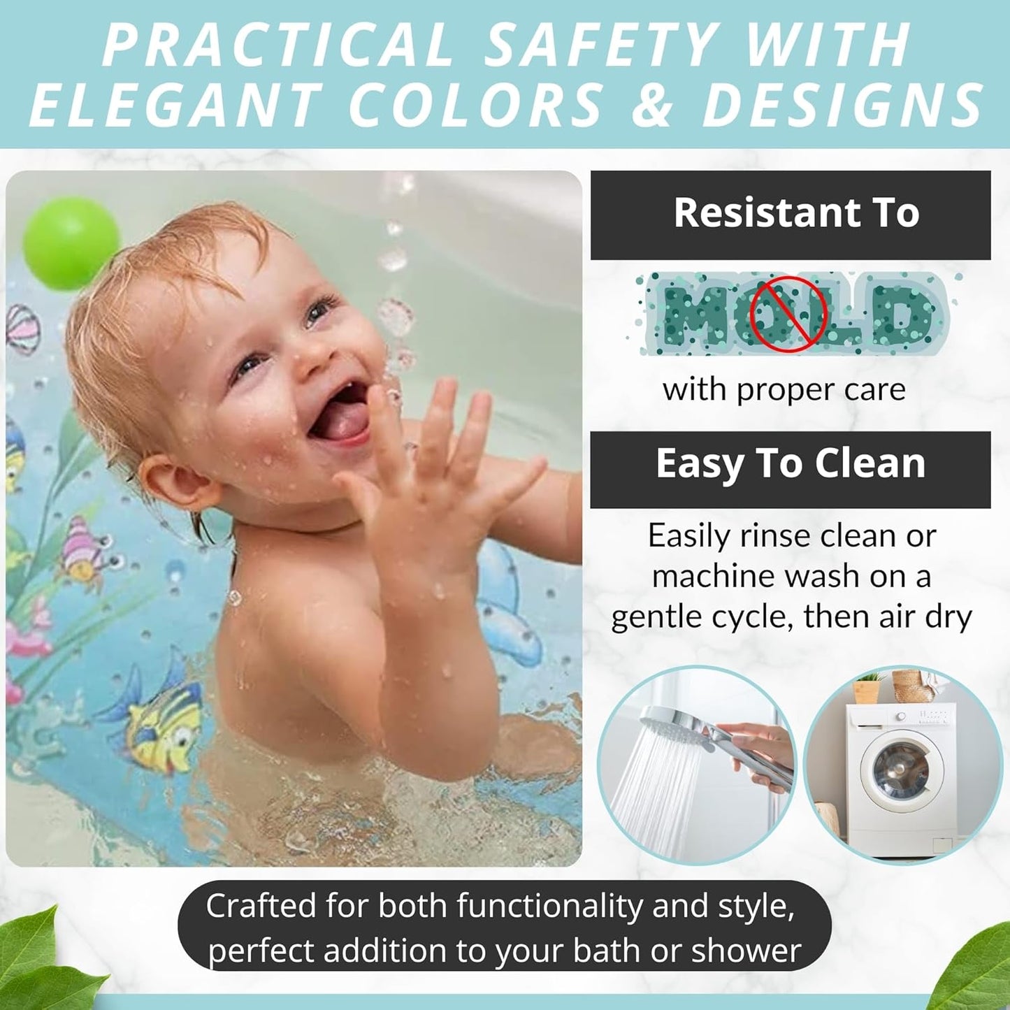 ENKOSI Bath Mat Long 40x16 – Non-Slip Bathtub Mat with Secure Suction Cups & Drain Holes with Fun Dolphin Design - Bathroom Shower Mat for Tub for Kids and Toddlers (Bath Dolphin)