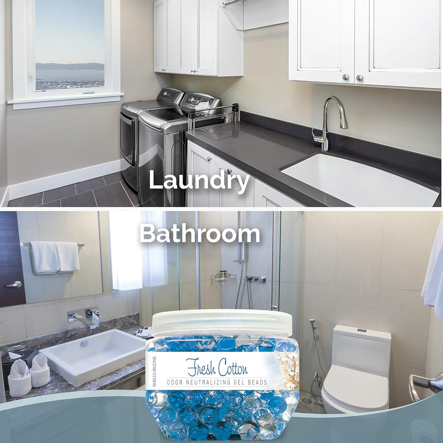 SMELLS BEGONE Odor Eliminator Gel Beads - 12 oz, Pack of 2 - Eliminates Odor in Bathrooms, Cars, Boats, RVs & Pet Areas - Air Freshener - Made with Essential Oils - Fresh Cotton Scent