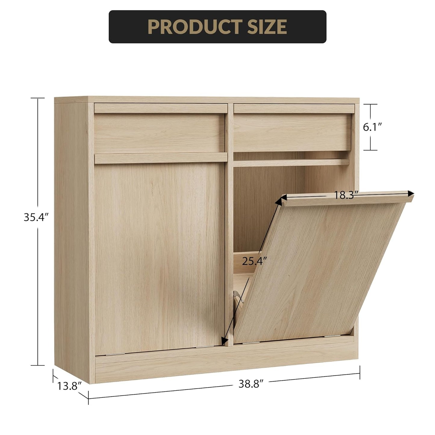 Double Tilt Out Trash Cabinet, Natural Wood Hidden Garbage Can Cabinet for 2 x 10 Gallon Bins, Modern Pet-Proof Trash Cabinets for Kitchen, Dining, Living Room Storage