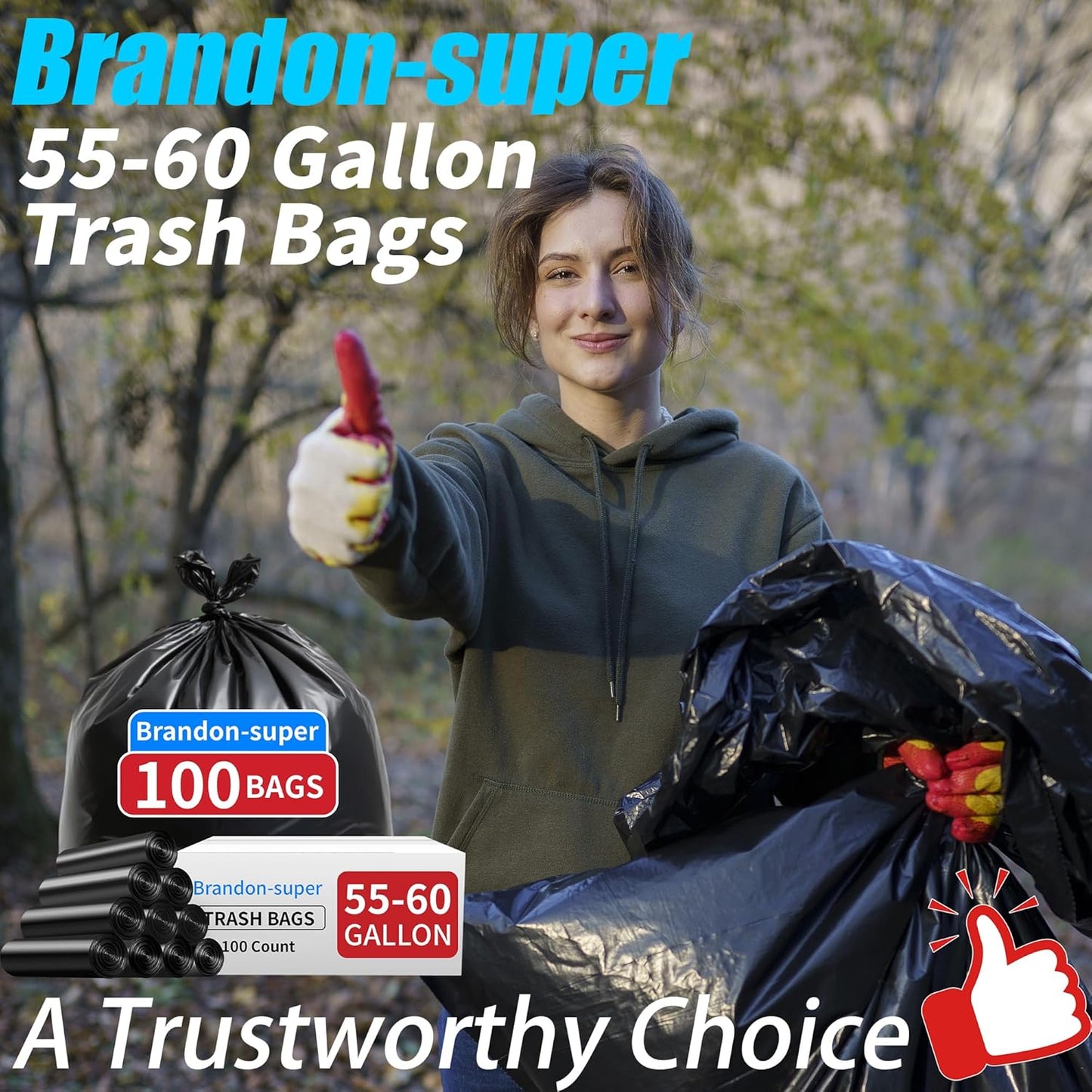 Brandon-super 55-60 Gallon Trash Bags, 100 count, Sturdy & Tear-Resistant Commercial Can Liners 55 Gallon, Large Garbage Bags, Large Black Trash Bags for Commercial, Lawn and Leaf Bags