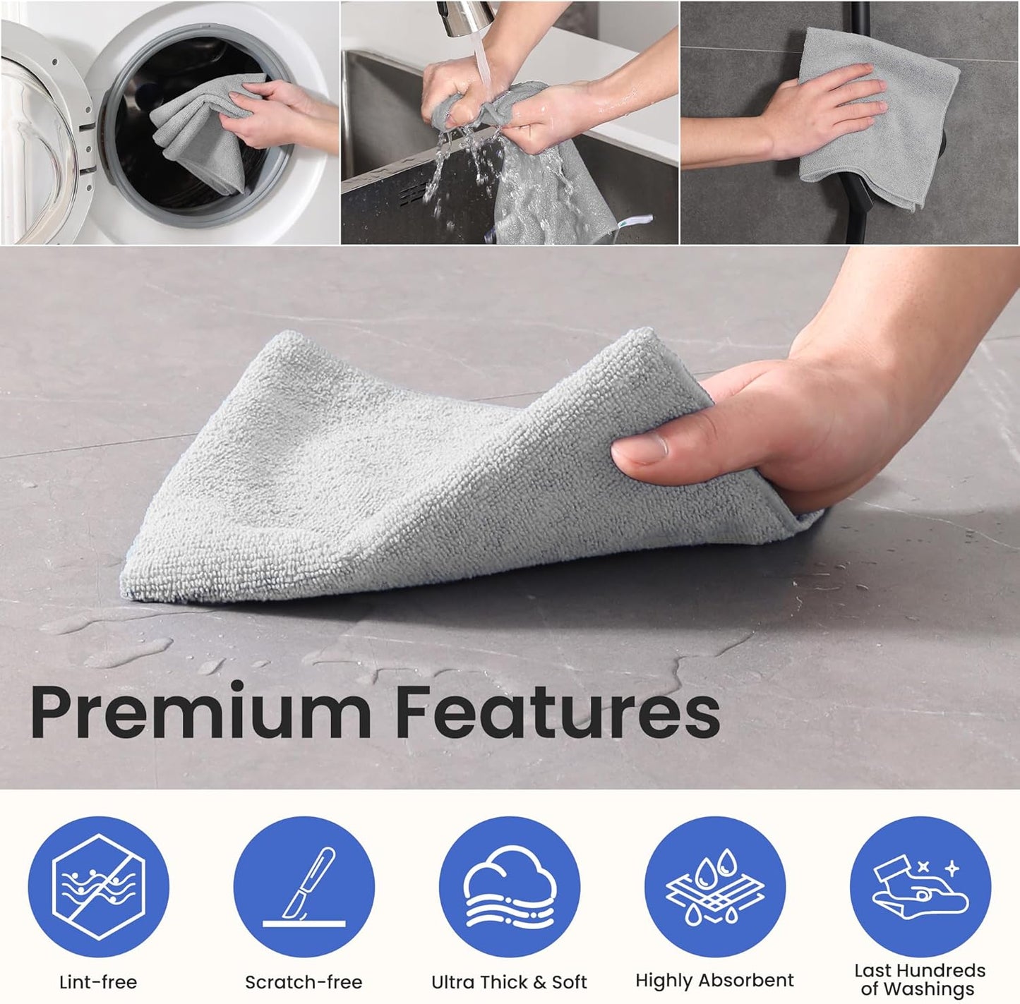 Microfiber Cleaning Cloths - 12 Pack, Grey, 12.2" x 12.2", Lint-Free, Streak-Free, Absorbent, Multi-Purpose, Heavy-Duty, Durable, Easy to Clean