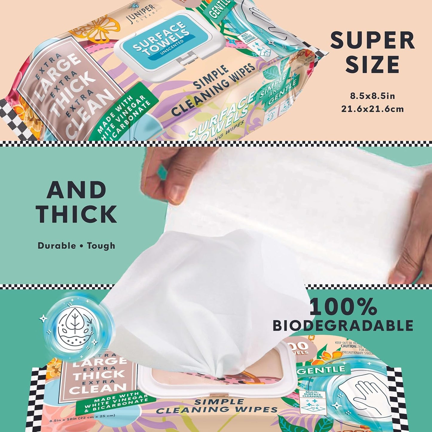 3 Packs Surface Cleaning Wipes Bleach Free, Thick & Large Dispose, All-Purpose Cleaner for Bathroom, Kitchen, Office, 100 Count Soft Flow, Biodegradable, No Scent