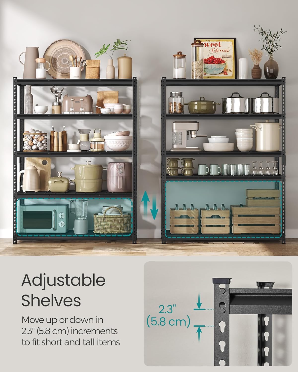 SONGMICS 5-Tier Storage Shelves, Heavy-Duty Garage Shelving, Adjustable Shelving Unit, Steel Shelf, Boltless Assembly, for Garage, Shed, 2,200 lb Load, 24 x 48 x 72 Inches, Ink Black UGLR454B01