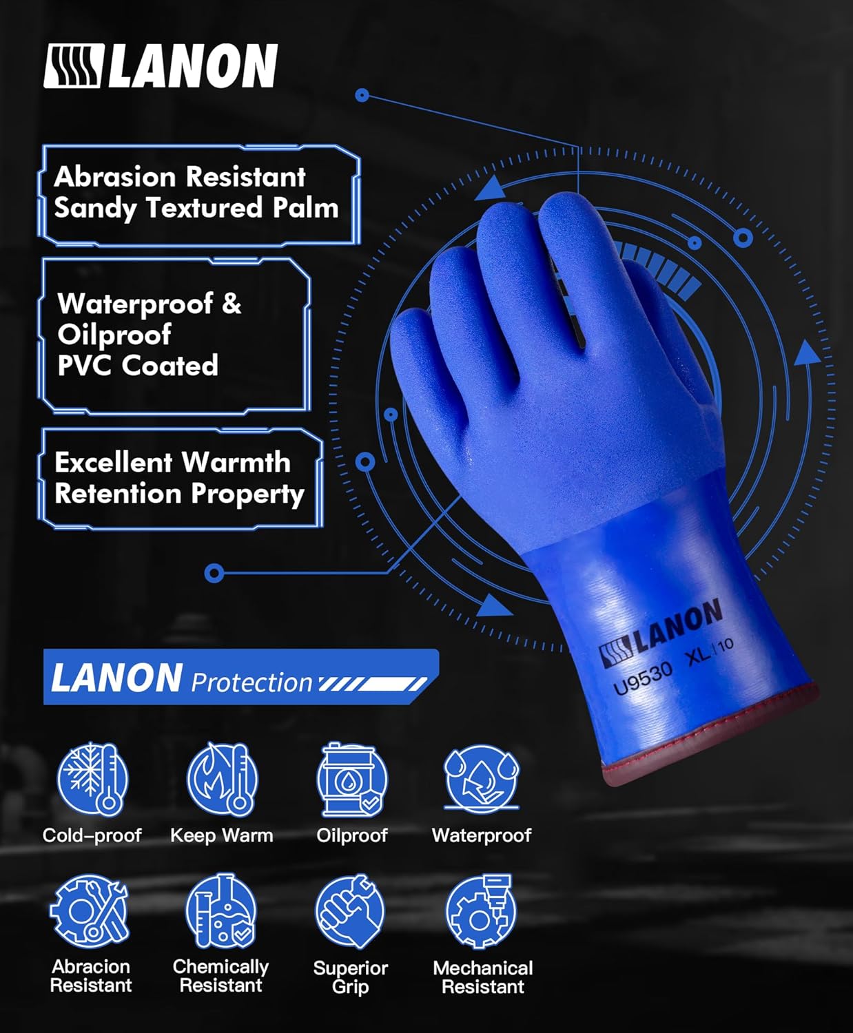 LANON PVC Coated Cold Proof Heavy Duty Gloves, Waterproof Warm Work Gloves for Freezer Work, Chemical & Oil Resistant, Non-Slip, XL (Pack of 2)