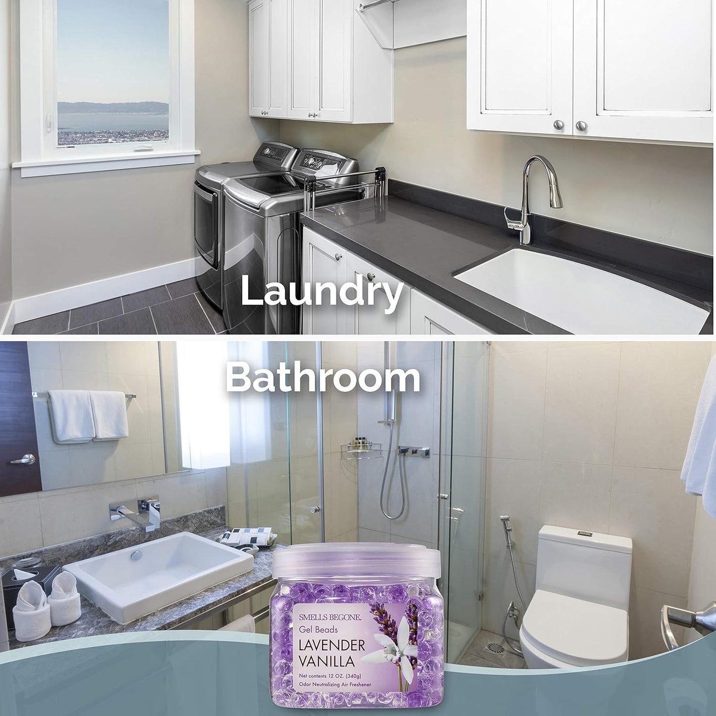 SMELLS BEGONE Odor Eliminator Gel Beads - 12 oz, Pack of 6 - Eliminates Odor in Bathrooms, Cars, Boats, RVs & Pet Areas - Air Freshener - Made with Essential Oils - Lavender Vanilla Scent