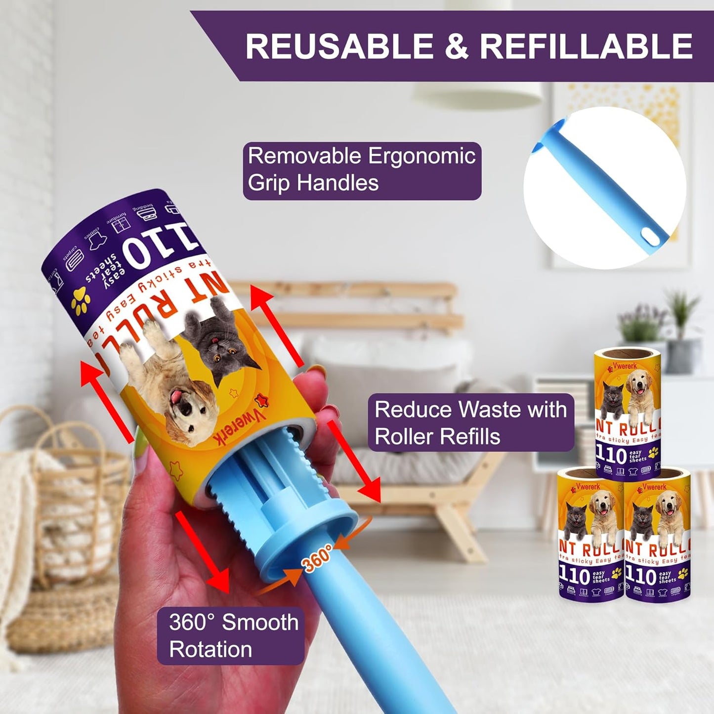 Lint Rollers for Pet Hair Extra Sticky, 660 Sheets Value Set/6 Lint Roller Refills with 3 Durable Handles, Pet Hair Roller for Clothes, Furniture, Carpet