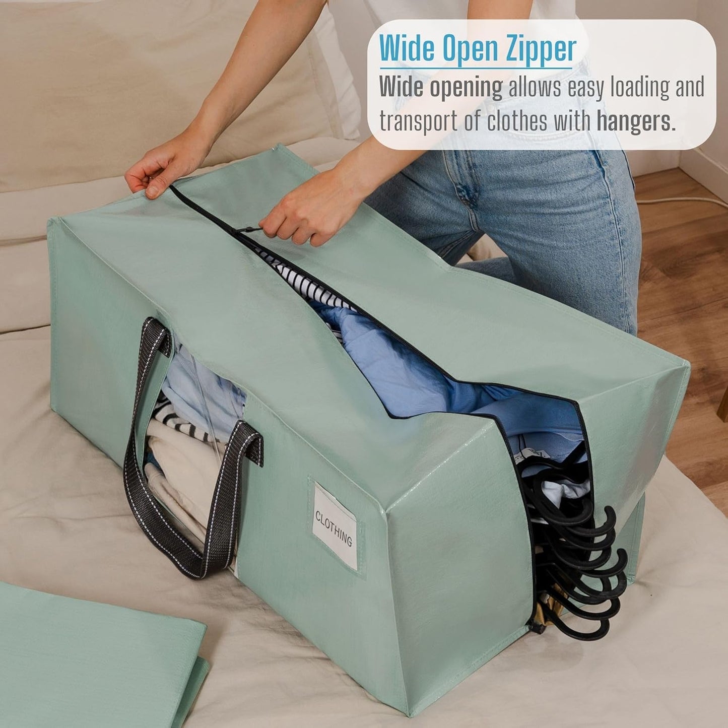 VENO 2 Pack Moving Bags for College, Heavy-Duty Storage Totes, Moving Boxes and Wardrobe Packing Supplies Alternative - Extra Large Durable Laundry Bags for Clothes (Shiny Light Green, 2 Pack)