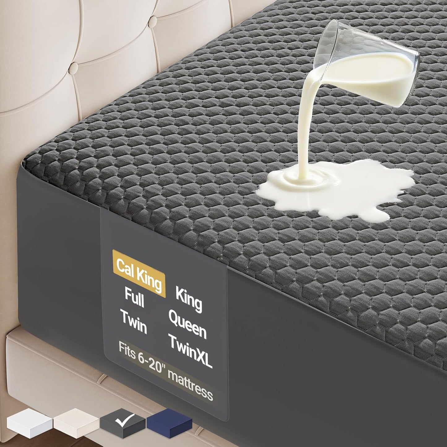 OhGeni 100% Waterproof Mattress Protector, California King-Gray Mattress Pad, Fits 6"-20" Mattresses with Deep Pocket, Cooling, Breathable Fitted Sheets, Soft Bed Cover, Noiseless, Machine Washable