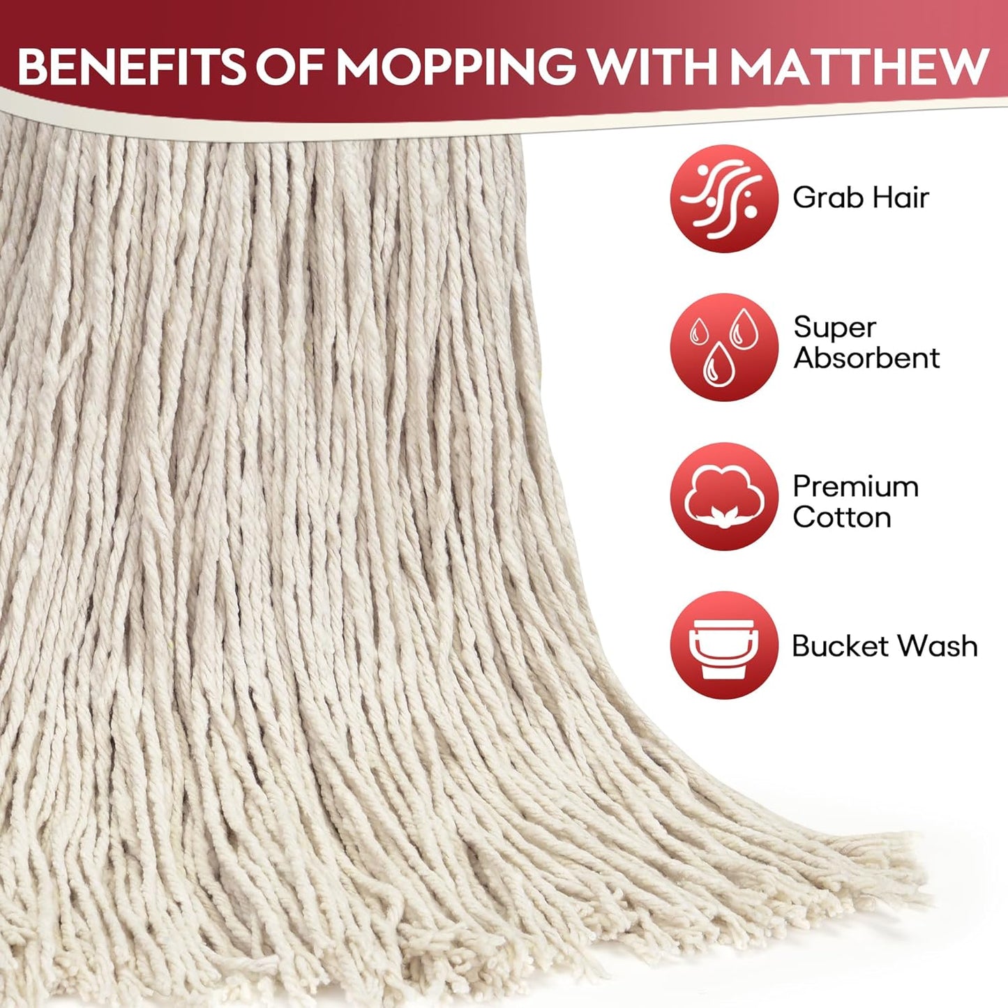 Matthew Cleaning 20oz 6Pack Cotton Floor Mop,Cotton Looped-Open String Heavy Duty String Refills, Universal Headband Blend Material,Mop Head Replacement for Home, Industrial and Commercial Use(White)