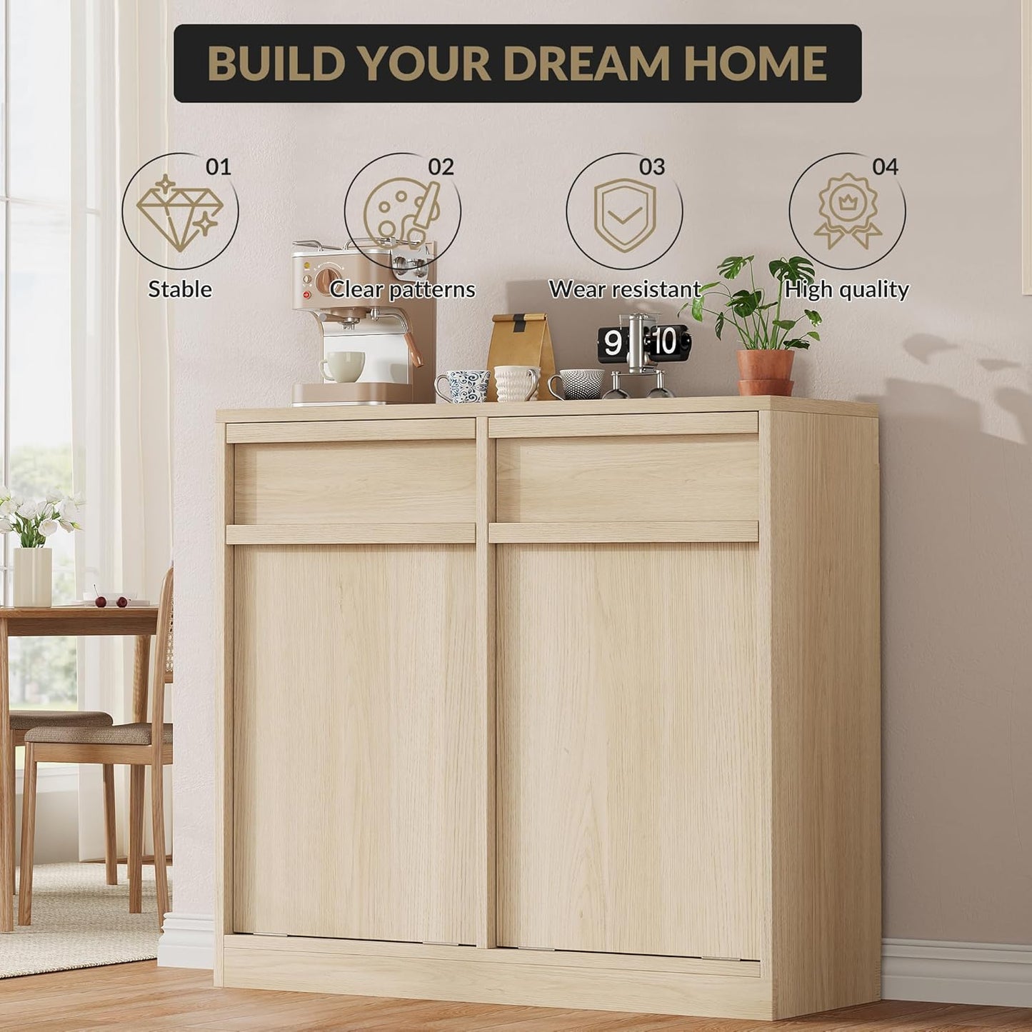 Double Tilt Out Trash Cabinet, Natural Wood Hidden Garbage Can Cabinet for 2 x 10 Gallon Bins, Modern Pet-Proof Trash Cabinets for Kitchen, Dining, Living Room Storage