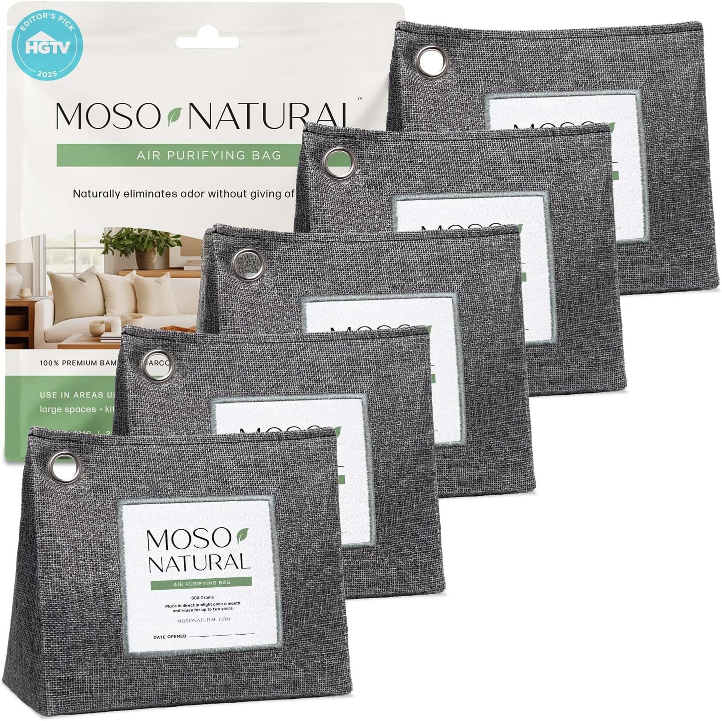 Moso Natural Air Purifying Bag 600g (21oz) Premium Bamboo Charcoal Odor Absorber | Room Deodorizer for Large Spaces, Bedroom, Kitchen, Basement | Pet Odor Eliminator for Home | Unscented (5 Pack)