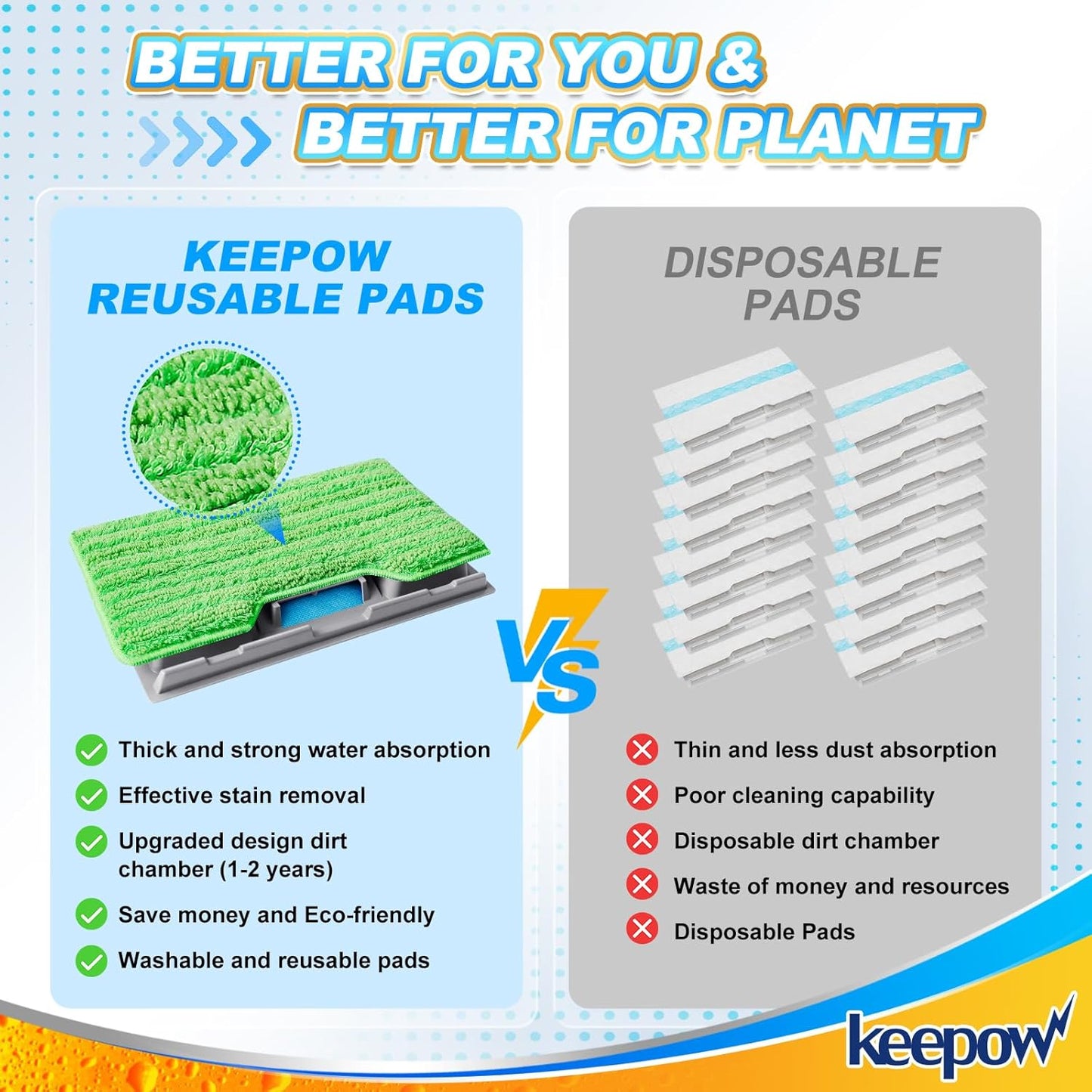 KEEPOW Reusable Mop Replacement Pads Compatible with Shark Vac Mop VM252 VM200 VC205 VM250 /QM250 VM190 VM200P12, Washable Vacuum Mop Pad Refills, Upgraded Design of Dirt Chamber (1+3+6 Pads)