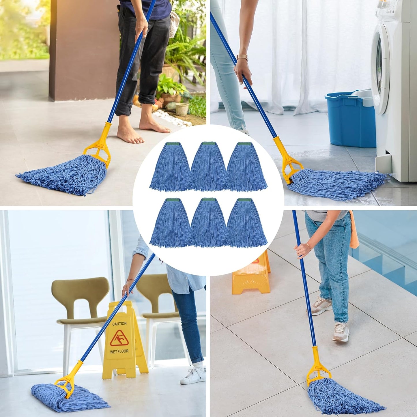 Matthew Cleaning 24oz 6Pack Cotton Floor Mop,Cotton Looped-Open String Heavy Duty String Refills, Universal Headband Blend Refill,Mop Head Replacement for Home, Industrial and Commercial Use(Blue)