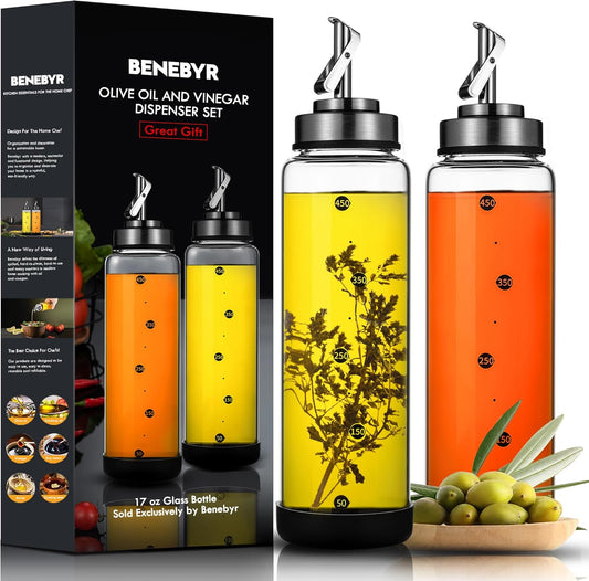 Glass Olive Oil Dispenser Bottle for Kitchen Shatterproof & Leakproof Oil and Vinegar Dispenser Set with Stainless Steel Spout & Rubber Bottom 17 oz Olive Oil Bottle for Cooking, Set of 2