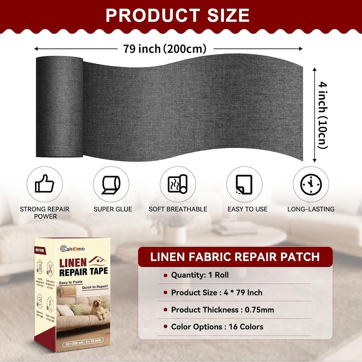 Linen Repair Tape 4x79 inch, Self Adhesive Fabric Patches, Linen Patch Tape Kit, Fabric Repair Tape for Couch Sofas, Headboards, Chairs, Pillows, Curtains, Couches - Black Grey