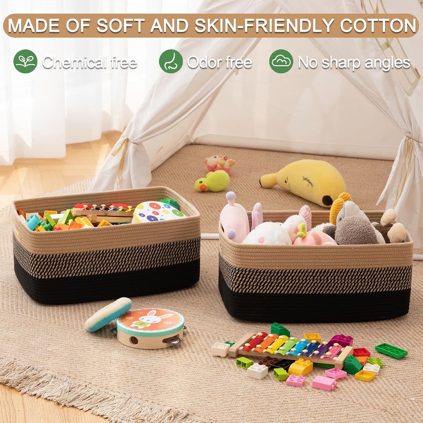 Large Storage Basket for Organizing, Woven Rope Basket for Shelves, Closet Organizer Bins for Clothes, Blanket, Toys, Baby Nursery Storage, 17.7" x 13" x 7.87", 2 Packs Black & Brown