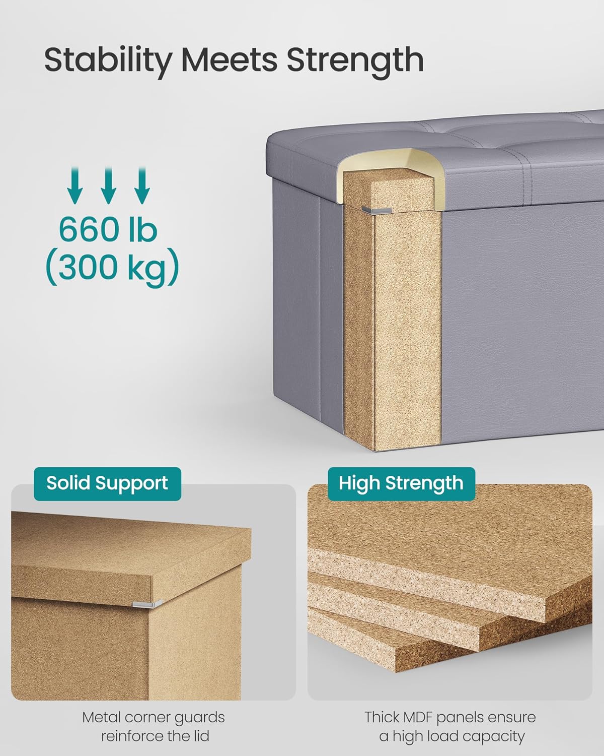 SONGMICS MAZIE Collection - 43 Inches Folding Storage Ottoman Bench, Ottoman with Storage, Foot Rest Stool, Load 660 lb, for Living Room, Synthetic Leather, Light Gray ULSF70GY