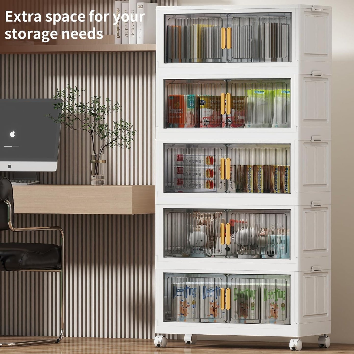 125Gal Stackable Plastic Storage Bins with Lids, Collapsible Closet Organizers and Storage with Wheels for Living Room,Office,Dorm, 30.5" W x 14.6" D x 64.6" H, 5 Tier