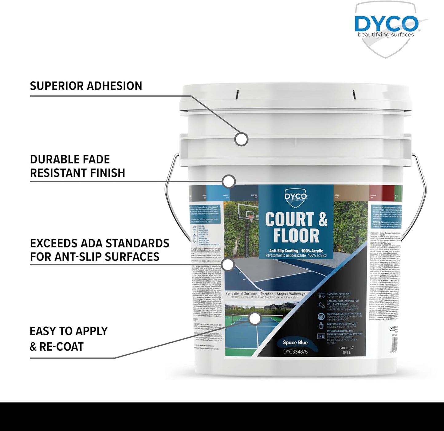 DYCO Court & Floor Anti-Slip Coating - Slip-Resistant Pavement, Cement & Concrete Paint for Pickleball, Tennis & Basketball Courts, Exceeds ADA Standards for Safety Areas (Space Blue, 5 Gallons)