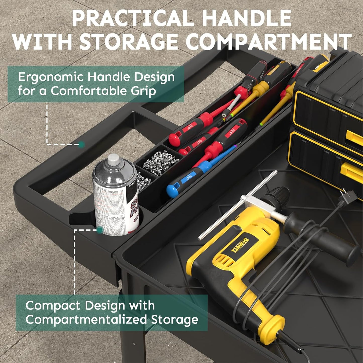 Utility Cart on Wheels, 1000 lbs Capacity Rolling Service Cart, 45 x 25 Inch Work Carts, 2 Shelf Heavy Duty Plastic Tool Cart, Lipped Shelves, for Warehouse, Garage, Cleaning, Black