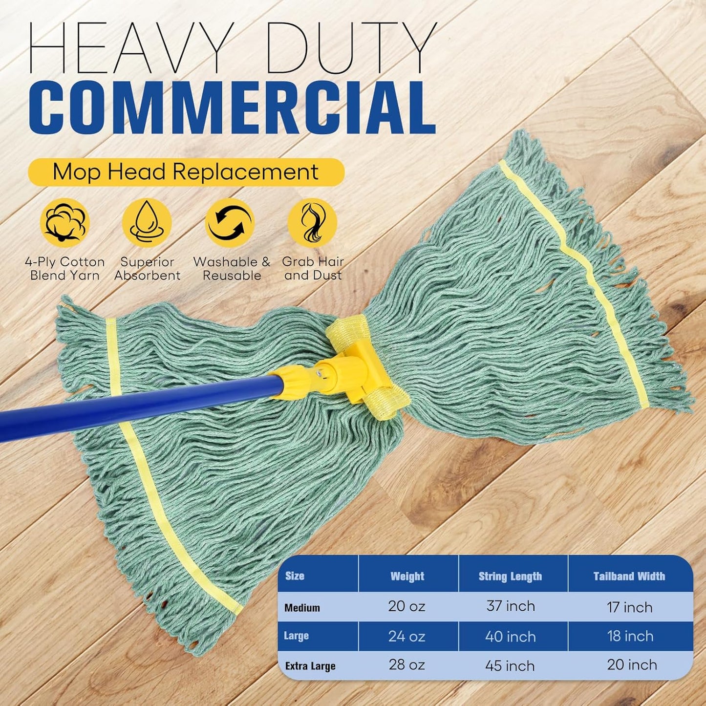 Matthew Cleaning Commercial Mop Head Replacement, 5 Inch Wide Headband, Looped End Cotton Blend String Wet Mops for Floor Cleaning, 24 oz Large, 6-Pack Green