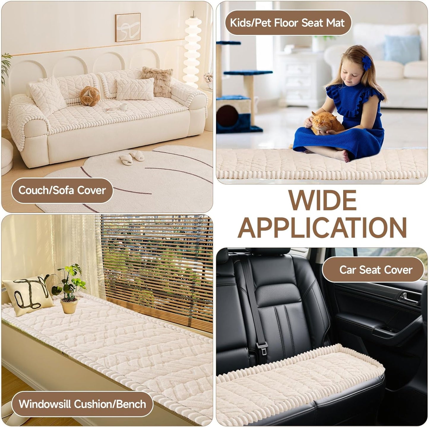 OTOB Plush Couch Cover for Dogs Washable, Non Slip Fuzzy Soft Armrest Backrest Sofa Slipcovers Geometric Jacquard Pet Friendly Couch Covers Protector All Season, 1 Piece (White, 27.6"x27.6")