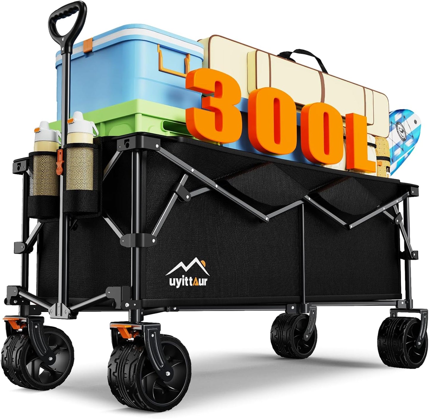 300L Extra Large Collapsible Foldable Wagon, 440lbs Load Capacity 48''L Extended Heavy Duty Folding Beach Wagon with Big All-Terrain Wheels, Utility Garden Cart for Outdoor Activities, Black