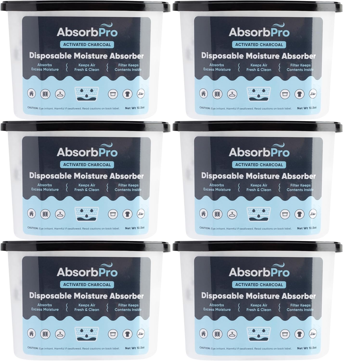 Moisture Absorber Tub with Activated Charcoal - 6-Pack - 10.5 oz Disposable Odor Eliminator Box & Dehumidifier for Garage, Home, Kitchen, Bedroom, Bathroom, Closet, Cars, and Boats