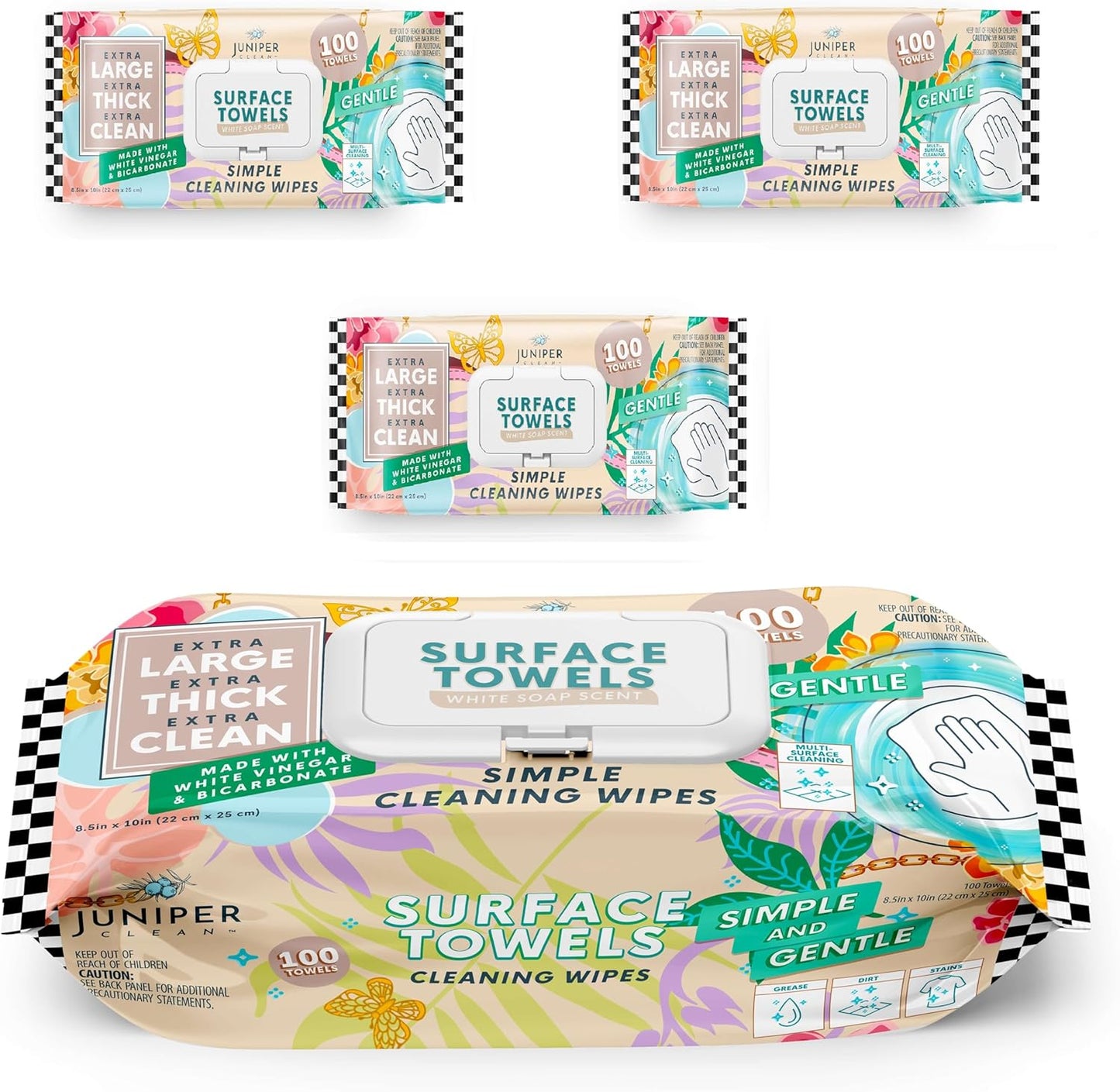 3 Packs Surface Cleaning Wipes, Thick & Large Dispose, All-Purpose Cleaner for Bathroom, Kitchen, Office, 300 Count Soft Flow, Biodegradable, White Soap Scent